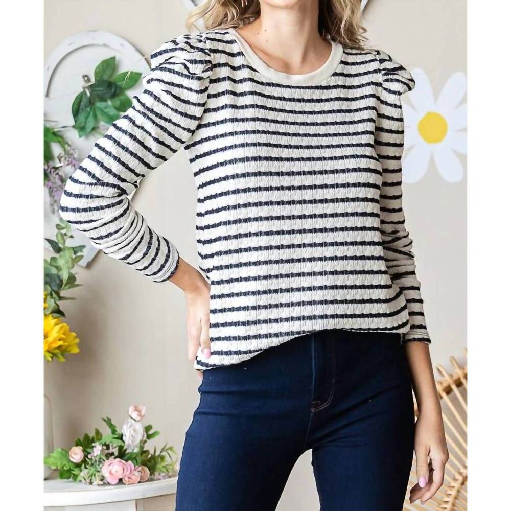 NEW 7TH RAY striped long puff sleeve top in navy